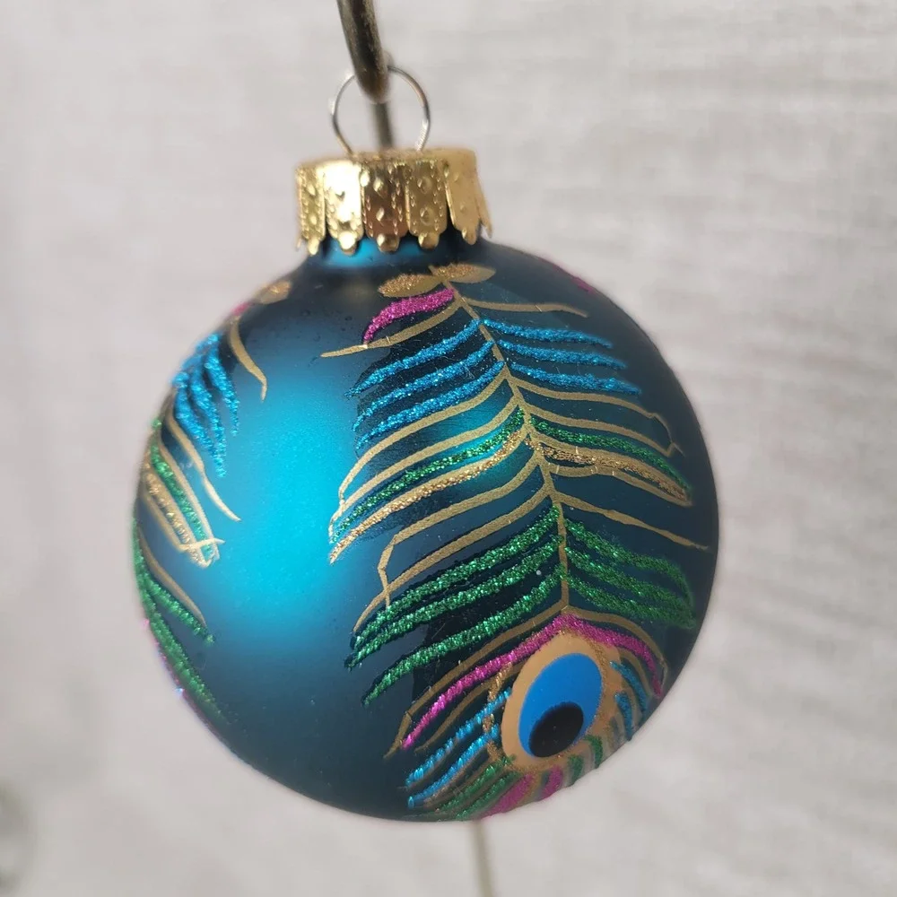 4pc Peacock Feather Glass Christmas Ornaments Teal Blue Green Glitter Set